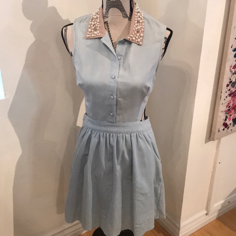 Light blue dress w/ tan pearl collar, back cutout
